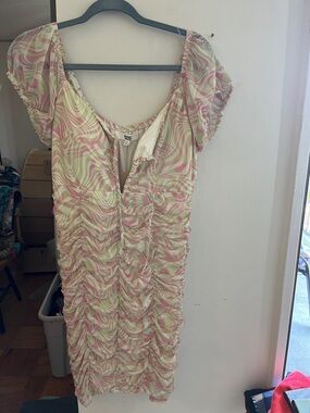 Ruched Pink & Light Green Swirl Midi Dress, NWT